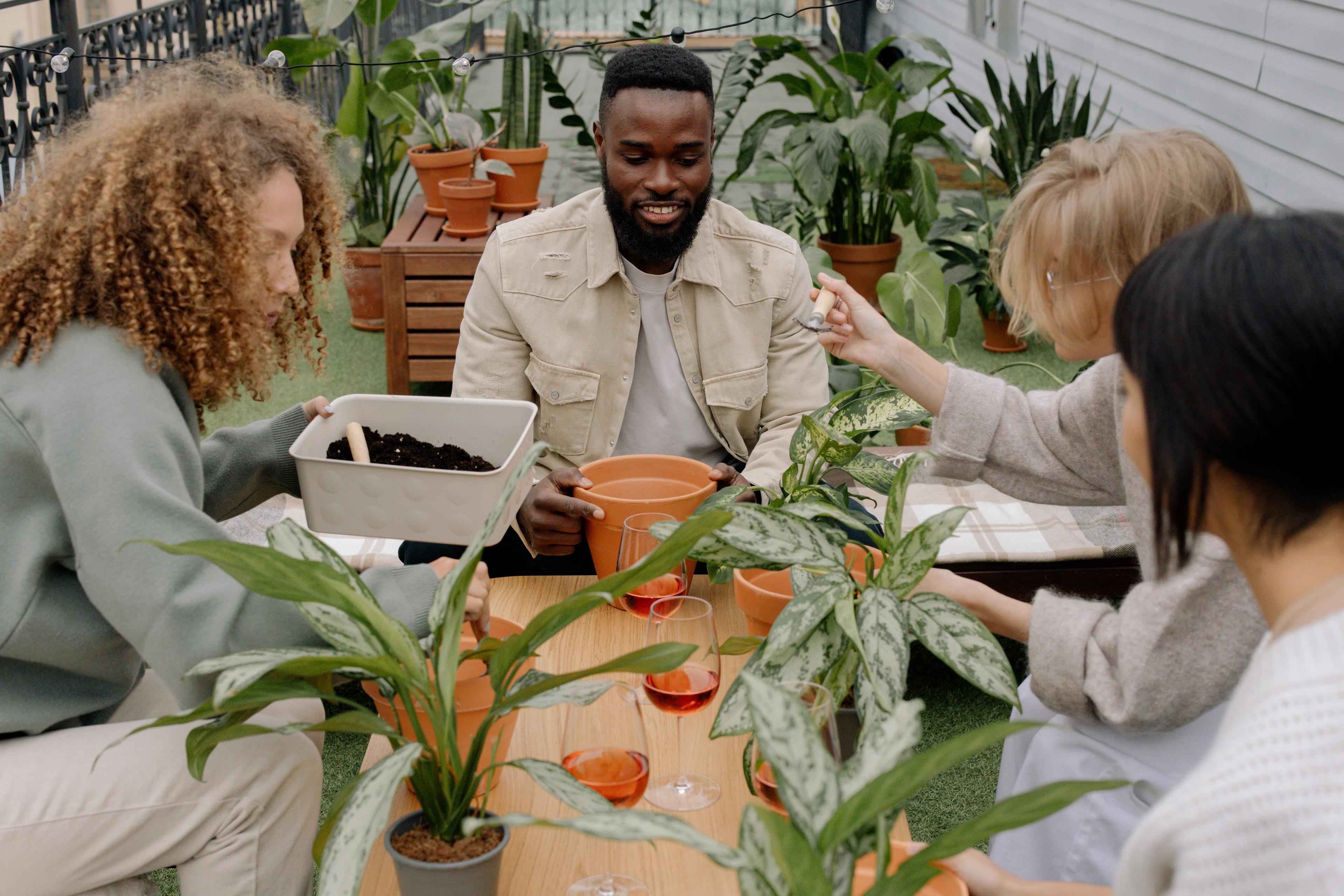 A staff team and teens working together potting plants, signifying growth