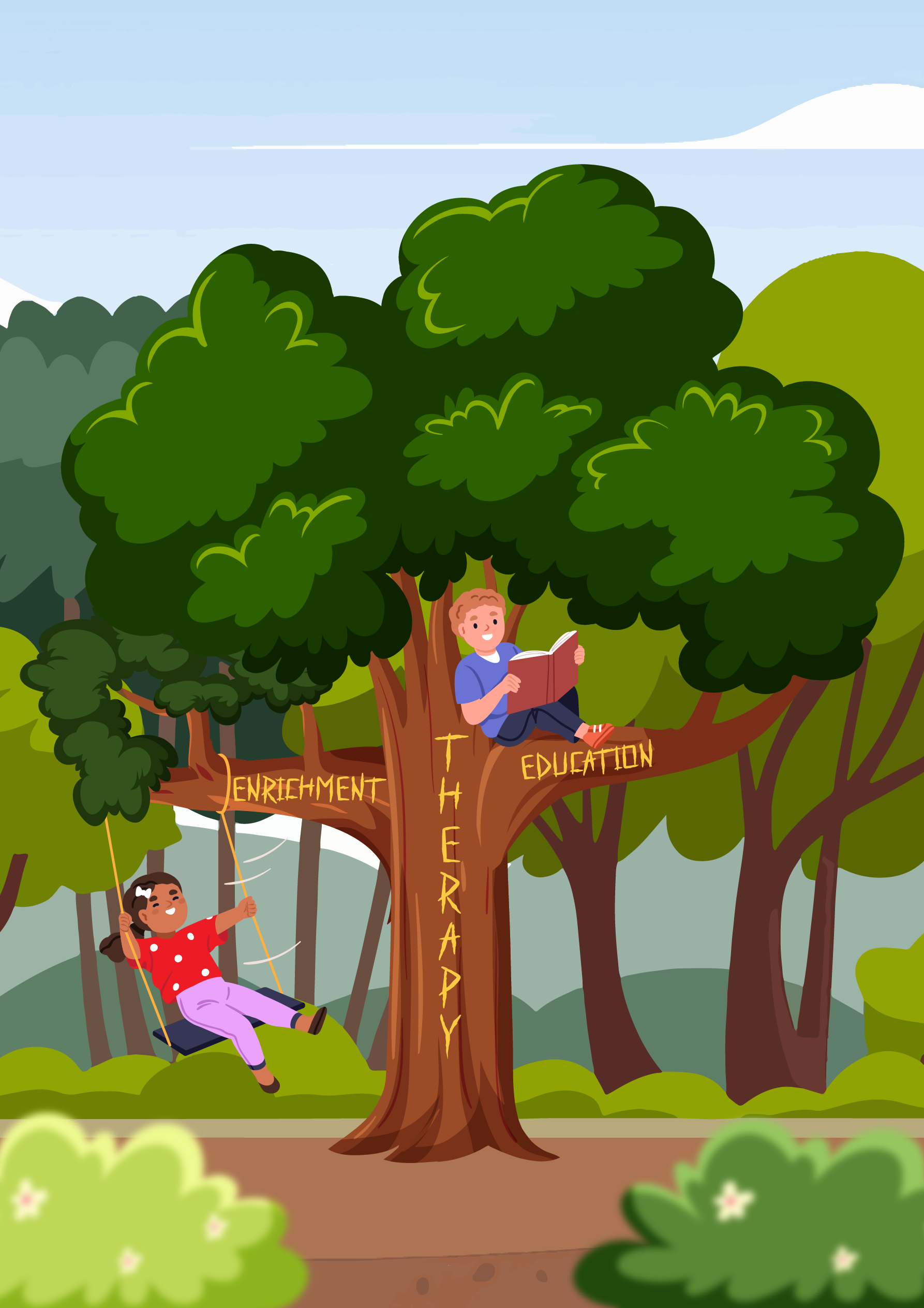 Therapeutic Parenting with Education and Enrichment, two children in a tree, one on a swing and one on a branch reading a book